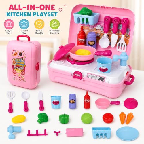Image of Zest 4 Toyz Kitchen Set for Kids Girls Pretend Play Toys with Light and Sound Portable Trolley Cooking Set Early Educational Toys Kitchen Set 24 Pieces