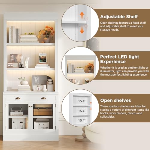 Image of 83.4 inch White Tall Bookshelf with 3-Layers LED Lighting, Modern Bookcase with 2 Glass Doors and 1 Drawer,Storage Bookcase with Open Shelves for Living Room,Home Office (White+Glasses)