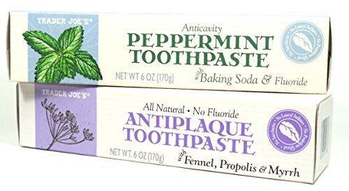 Trader Joe's ALL NATURAL ANTICAVITY PEPPERMINT toothpaste with BAKING SODA, and FLUORIDE and ALL NATURAL NO FLUORIDE ANTIPLAQUE toothpaste with FENNEL, PROPOLIS, MYRRH, 6oz (2 PACK)