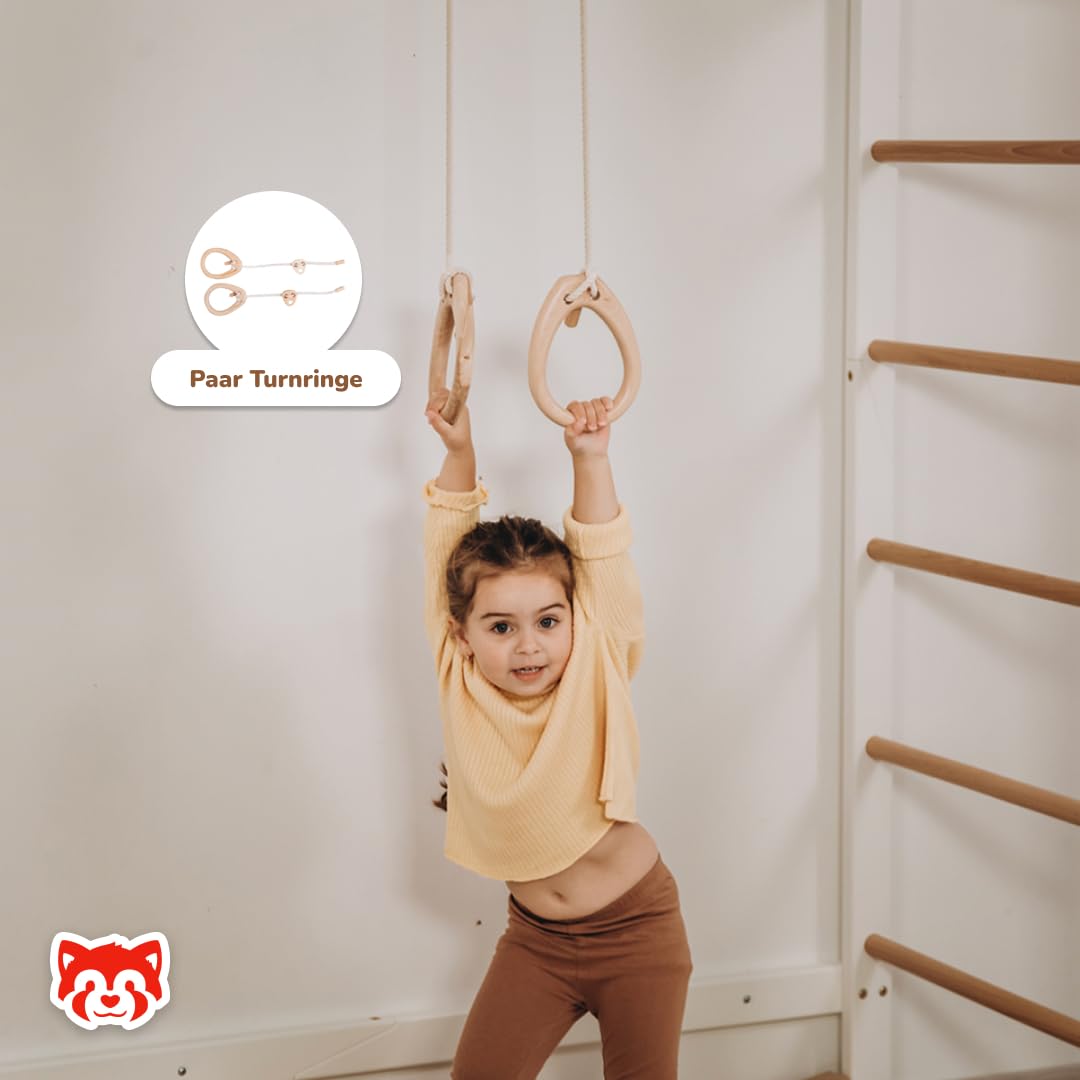 Wood And Hearts Drinnen Schwedische Leiter, Klettergerüst Indoor, Indoor Kletterwand Kinder, Turngeräte in Weiß und natürliche Holzfarbe mit Paar Gymnastikringe