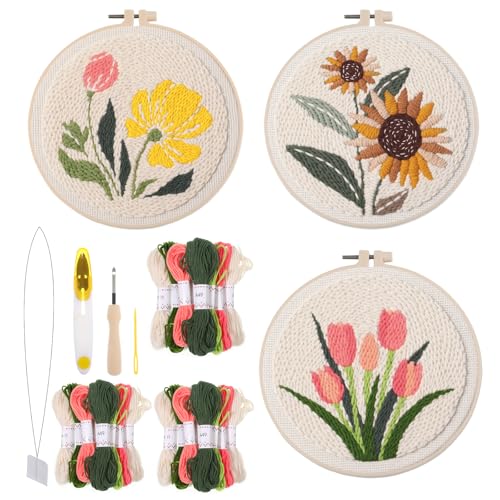 Image of 3 Pcs Punch Needle Kits, 7.87 Inch Flower Punch Needle Kit Sunflowers and Tulips Needles Punching kit with Hoop, Instruction, Fabric, Sewing Needles, Yarns, Scissors for Adult, Beginner, Children