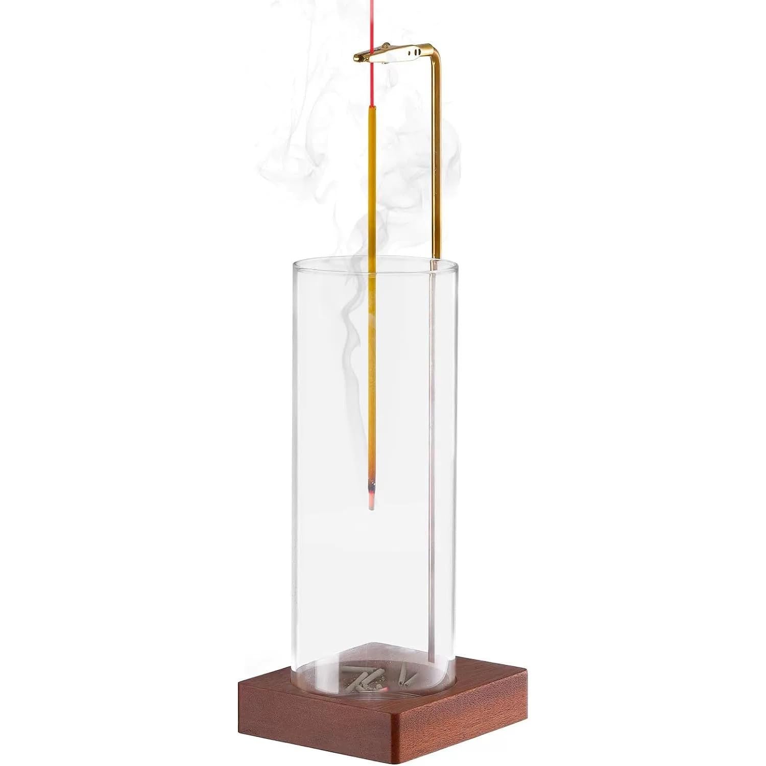 Hongmeru Inverted Incense Holder with Wooden Base, Metal Clip & Removable Transparent Glass Ash Catcher - Upside Down Incense Stick Burner, Perfect for Yoga, Spa, Meditation, Home Relaxation Decor