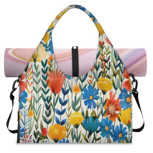 Yoga Bag for Women，Waterproof Polyester Gym Bag Detachable Strap,Shoe Pocket，Double Zipper,Plant Wildflowers Multi-color Duffel Bags
