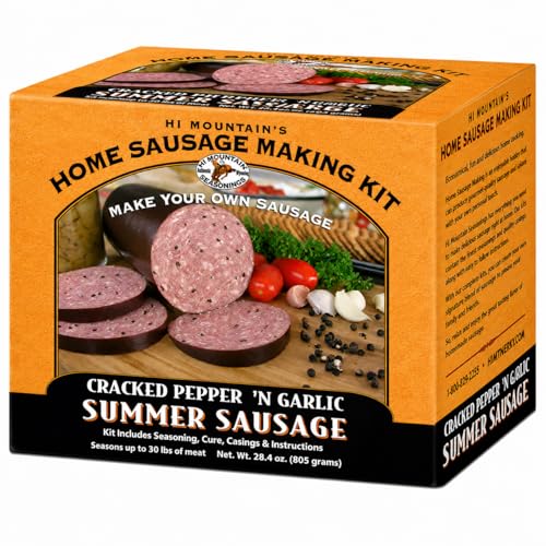 Hi Mountain Summer Sausage Seasoning Kit | CRACKED PEPPER 'N GARLIC | Includes 10 Casings, Seasoning, Cure, & Directions | Ideal for Beef, Pork, Venison, Deer & Wild Game | Makes up to 30 lbs