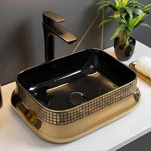 Image of BASSINO 18x14x6 Inches Ceramic Counter Top Wash Basin /1 Year Warranty /Black & Gold Basin for Bathroom /Rectangular Shape Tabletop Washbasin for Restaurant /Dining Hall /Living Room /Home(Glossy)