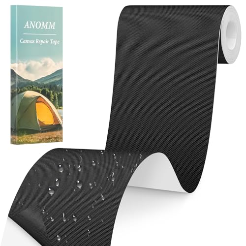 ANOMM Parches de Reparación, Tela Adhesiva, Parches Impermeables para Lona para Equipos de Exterior, Tiendas Campaña, Asientos Coche, Techos y Maleteros de Autocaravanas (10 * 200cm, Negro)