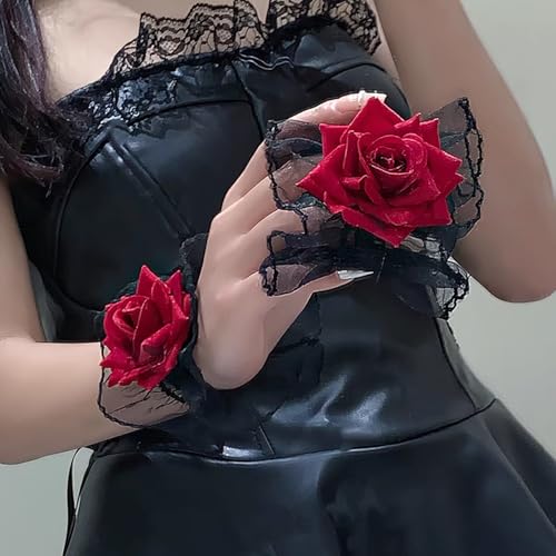 Gothic Rose Lace Gloves Lolita Hand Sleeve Black Lace Elastic Bracelet Wine Red Flower Wrist Cuff Dress Accessories for Women Girls Wedding Halloween Prom Costume Accessories 1 Pair4