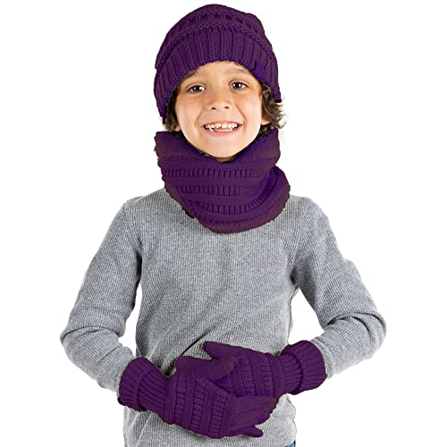 Image of Funky Junque Kids Matching Winter Solid Ribbed Beanie Cap, Fleece Lined Neck Warmer, Stretchy Toddler Gloves Bundle