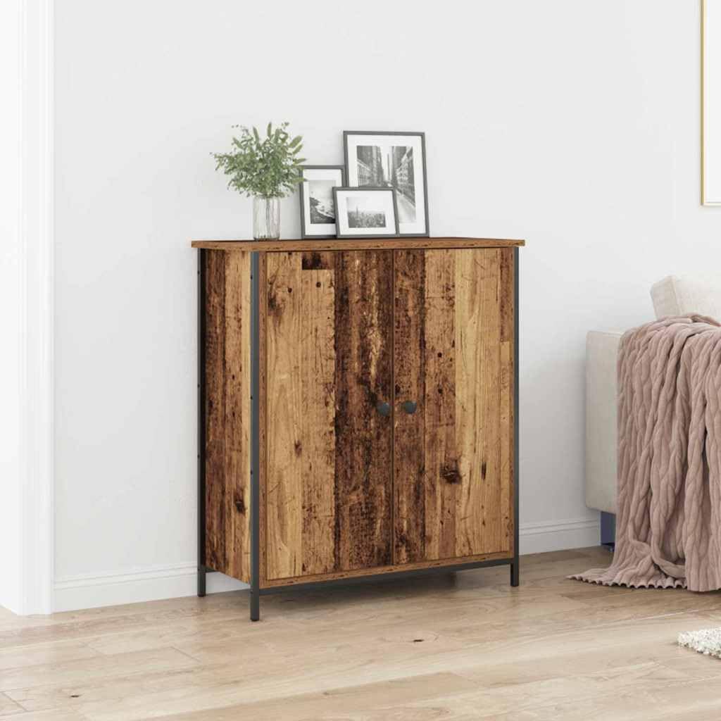 Kredens stare drewno, 70 x 30 x 80 cm, materiał drewnopochodny z 2 drzwiami, czarny stalowy uchwyt, nowoczesny prostokątny kształt, trwały, idealny do jadalni, salonu, korytarza, biura