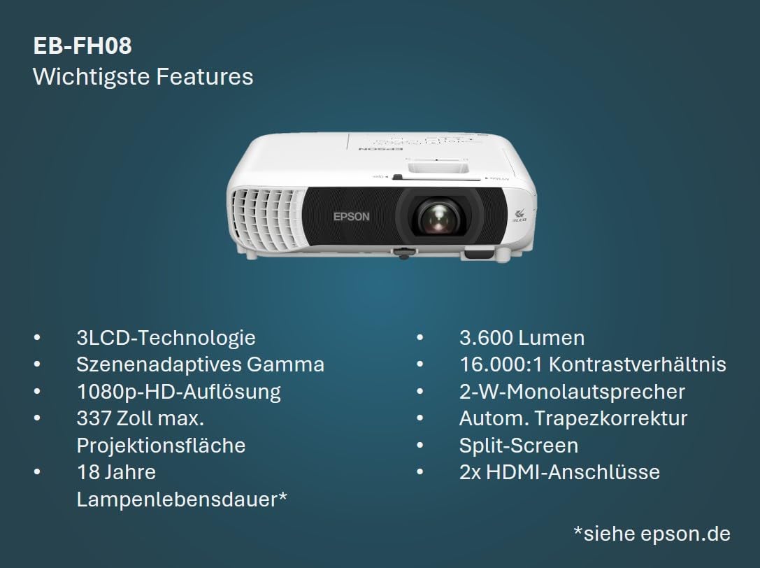 Epson EB-FH08 | Preisgünstiger Full-HD-Projektor | 3LCD | 3.600 Lumen | 322''-Projektionsfläche | Split-Screen | Einfache Einrichtung | 2X HDMI | Heim- und Gaming-Nutzung | Weiß