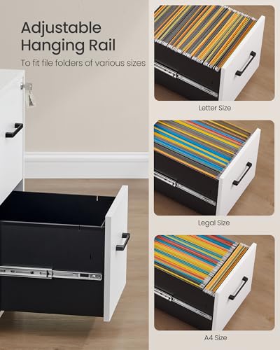 Image of SONGMICS File Cabinet, Pre-Assembled Except Wheels and Handles, Office Filing Cabinet with Lock, for A4, Legal, Letter Sized Documents, 17.7 x 14.4 x 25.4 Inches, Matte White and Black UOFC112W01