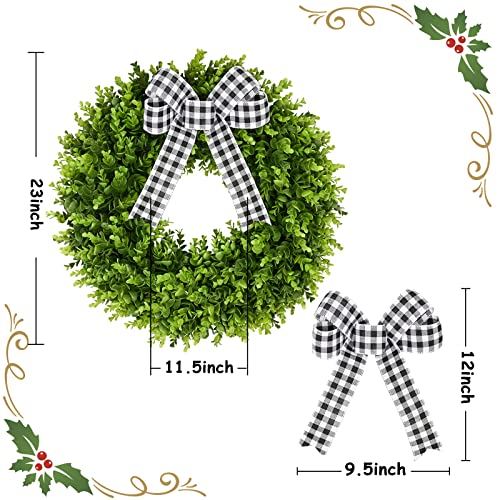 23" Faux Round Boxwood Wreath, Vlorart Artificial Boxwood Wreath Front Door Wreaths Artificial Spring Summer Greenery Hanging With A Plaid Bow For Front Door Wall Hanging Window Wedding Party Decor #TOP1