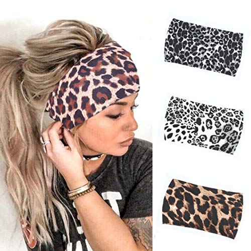 Urieo Yoga Headbands Black Leopard Polyester Running Hair Bands Knot Stretchy Non Slip Sports Head Bands for Women and Girls(Pack of 3)