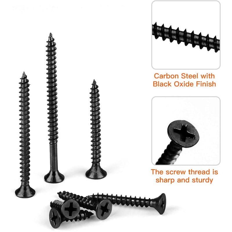 180PCS M4 Black Cross Countersunk Flat Head Tapping Screws Hardened Drywall Nails Wood Screw Set Kit Plasterboard Screw Wall