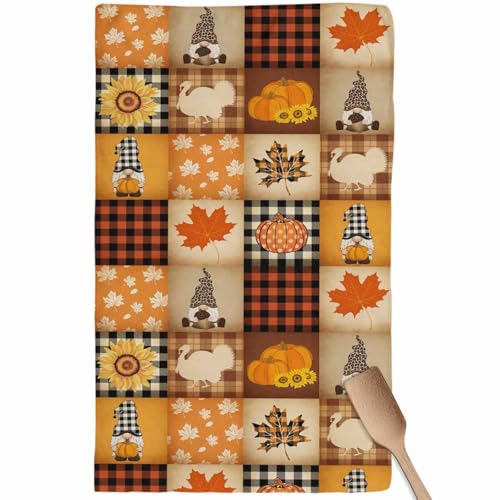 Image of Fall Kitchen Towels Gnome Turkey Pumpkin Thanksgiving Hand Towels Buffalo Check Plaid Dish Towel Cleaning Cloth Soft Absorbent Quick Drying Dish Cloths for Kitchen, Bathroom Autumn Decoration