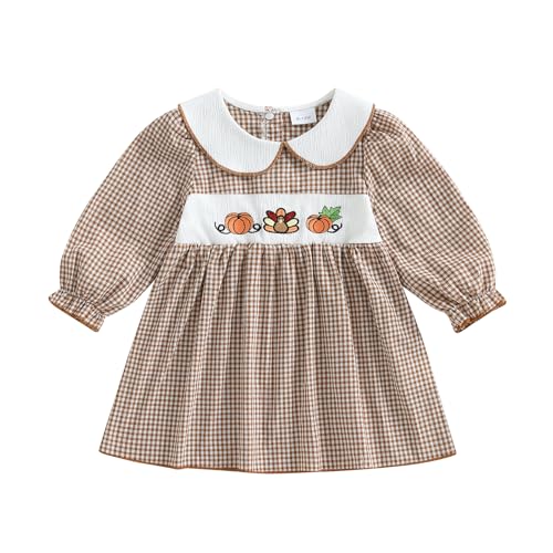 Toddler Baby Girl Thanksgiving Outfit Pumpkin Turkey Dress Ruffle Smocked Collared Bubble Gingham Dresses