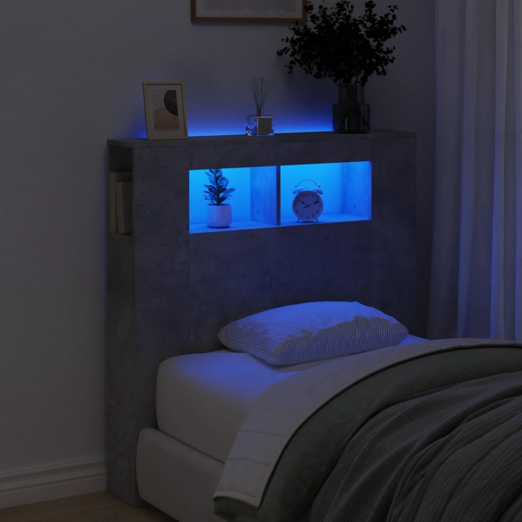 Estante de almacenamiento con cabecero LED – Mueble de madera para dormitorio, estantería y accesorio de cama, gris hormigón, 100 x 18,5 x 103,5 cm, muebles elegantes y funcionales para dormitorio