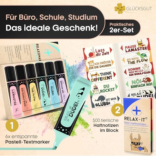 GLÜCKSGUT® 500x Lustige Haftnotizen + 6x Textmarker Pastell | Scherz-Medikament | Anti Stress | Büro Schule Studium Uni | Abschiedsgeschenk für Kollegen Chef Lehrer | Post it