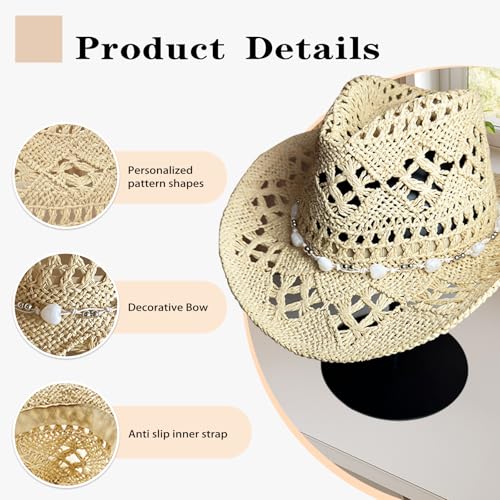 Image of Straw Cowboy Hats for Women Sparkly Western Cowgirl Hat for Holiday Party Foldable Vacation Beach Sun Hat with Wide Brim