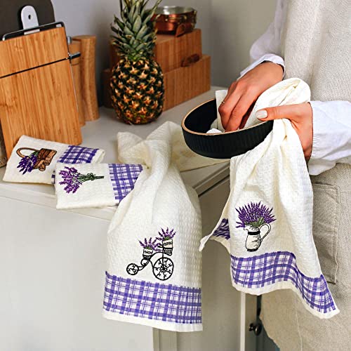 Lavien Home, Dish Towels For Kitchen Lavender Embroidered Absorbent And Soft Turkish Cotton Waffle Weave (Set Of 4), Boho Farmhouse Decor With Plaid 16 X 23 Inches #TOP2
