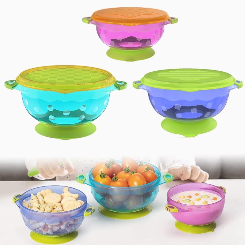 MotuTech Paquete de 3 cuencos con ventosa, antiderrames, para bebé, niño, niño, cuenco de aprendizaje, con tapas FDA aprobadas, libre de BPA