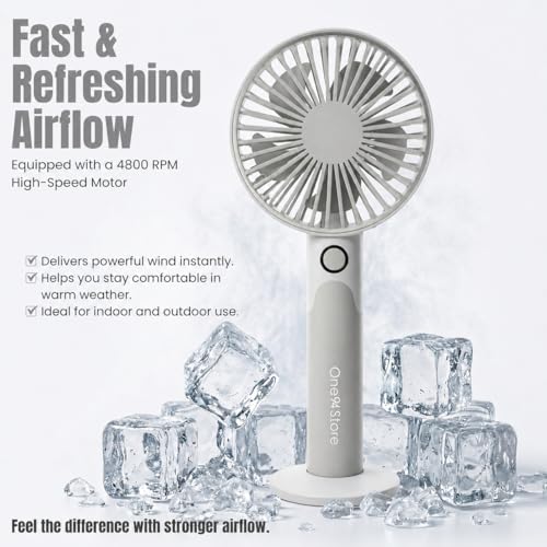 Image of One94Store High Speed Portable USB Hand Fan, 4800 RPM, 1200mAh Rechargeable Battery, Up to 6H Runtime, 3 Speed Modes for Travel, Office & Makeup, Grey - Mini Fan, Hand Fan, Small Fan, USB Fan