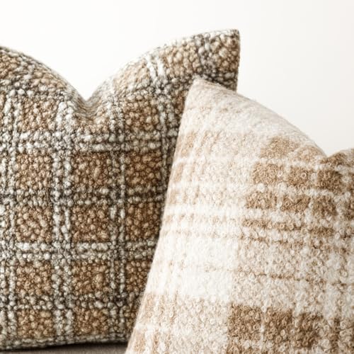 Image of Foindtower Pack of 2 Soft Faux Fur Boucle Throw Decorative Pillow Covers Fuzzy Accent Check Cushion Sherpa Boho Farmhouse Pillowcase for Couch Sofa Bed Living Room Home Decor 20x20 Inch,Light Brown