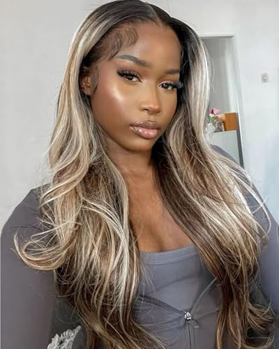lifuk 26 Inch Ombre Brown Roots Ash Blonde Wigs Human Hair Professional Toned Colored Premium Balayage Highlights Ombre 613 Straight 13x4 HD Lace Frontal Human Hair Wig 180% Density Customized Wig