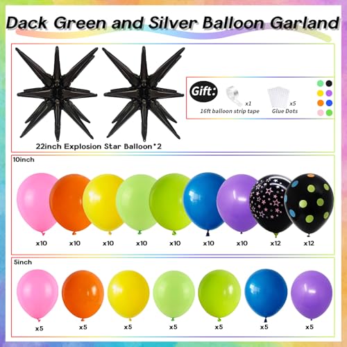 Image of Rainbow Balloon Arch Garland Kit, 137pcs Colorful Balloons whit Rainbow Star Dot Glow Dark Balloons for Dark Party Let's Glow Birthday Wedding Back to 80s 90s Disco Rock Roll Party Decoration