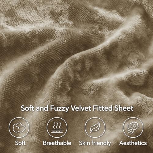 Image of BEDELITE Velvet Fitted Sheet and Pillowcase Set 3Pcs, King, Khaki | Double-Sided Plush Bottom Sheet, Luxuriously Soft & Warm, 360 Elastic & Corner Straps, 15 Inch Deep Pocket, Machine Washable