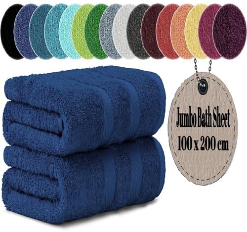 LoomTrove Pack of 2 Extra Large Jumbo Bath Sheets 100 x 200 cm 100% Egyptian Combed Cotton XL Towels Quick Dry Big Bath Sheet Super Soft Hotel Quality Towels Set (Navy Blue)