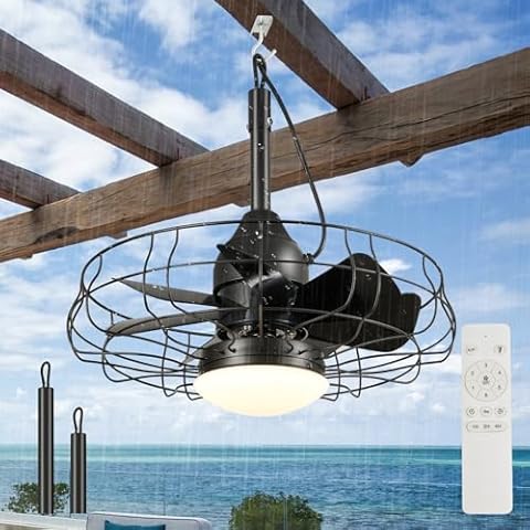 Powfloven 19''Vintage Waterproof Black Outdoor Ceiling Fans with Lights, Plug in Wet Rated Gazebo Fan Light with Remote, Caged Enclosed Hanging Fan for Patio Pergola Canopy with 3 Color LED Light Cover