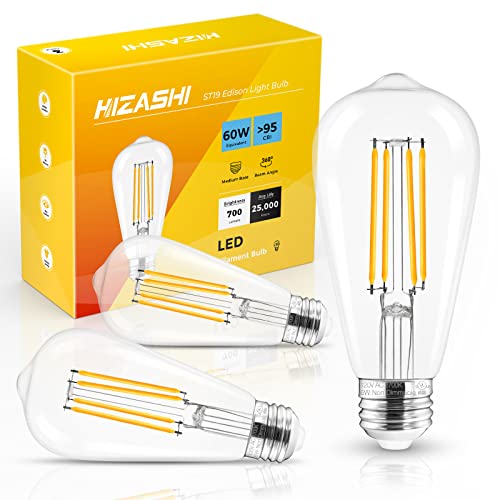 Hizashi Edison Bulb 60 Watt LED, 2700K Dimmable LED Light Bulbs E26 Base, ST19 Vintage Light Bulbs Soft Warm White, 95+CRI, UL Listed,700 Lumens 6W, Clear Glass, Pack of 3 Warm White 2700k 3