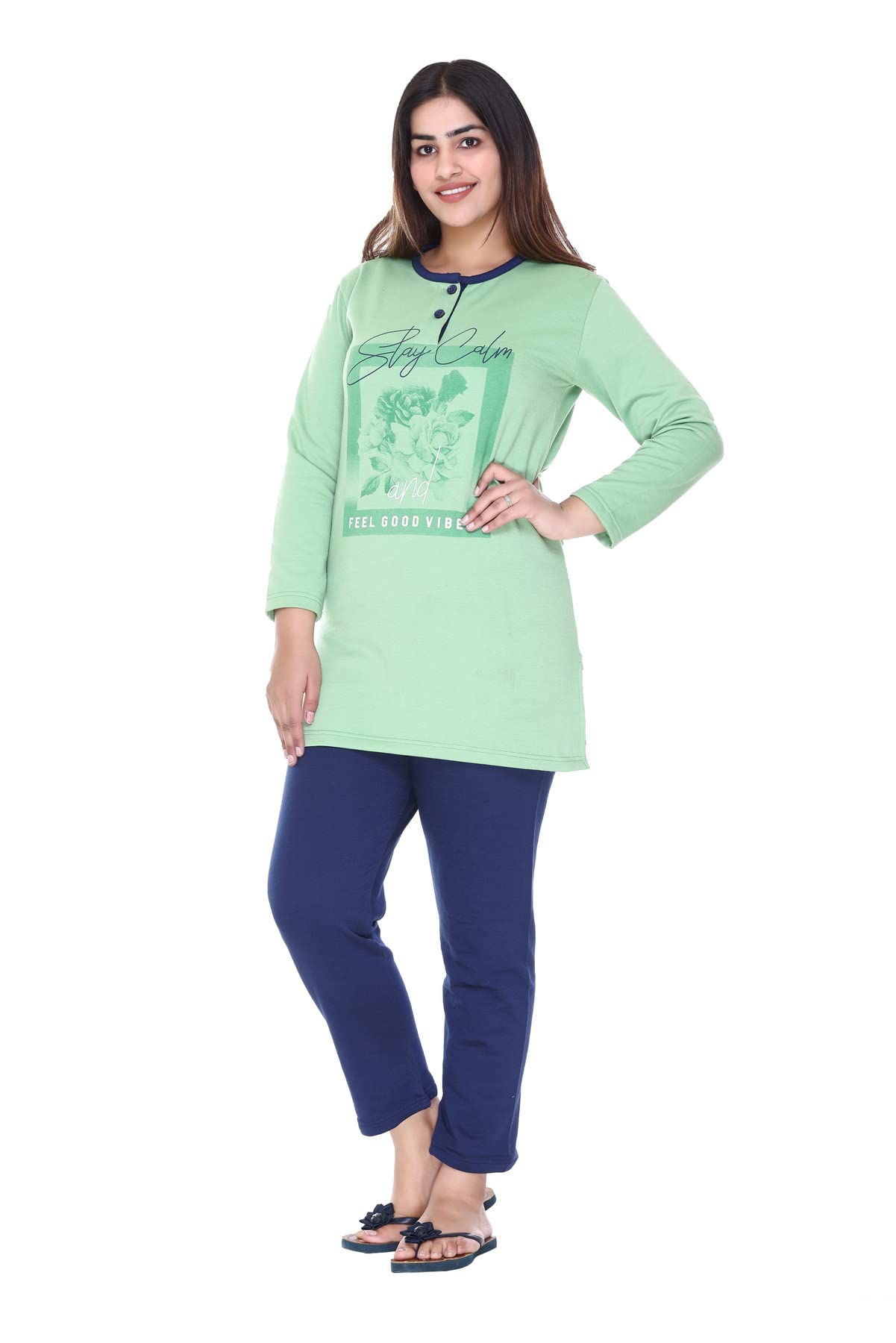 Plushwomens Winter Wear Warm And Printed Night Suit Set Shirt