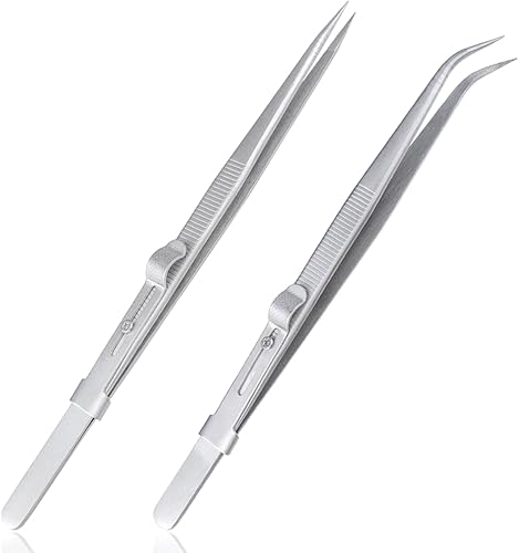 Mesee Juego de 2 pinzas de piedra de diamante de acero inoxidable con bloqueo deslizante de precisión multiusos, rectas y curvas, pinzas de punta