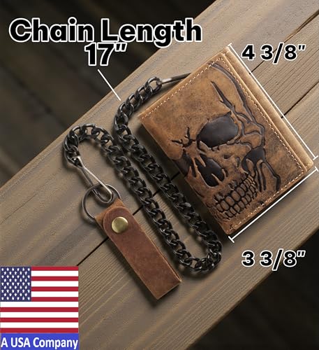 Image of F&L CLASSIC RFID Blocking Men's Tri-fold Vintage Biker Cowhide Leather Steel Chain Wallet,Snap closure, brown,skull,315-70