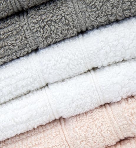 Image of PH Pleasant Home Ribbed Wash Cloths Set - 12 Pack (12 inch x 12 inch) - 509 GSM - 100% Ring Spun Cotton Wash Cloth - Super Soft and Highly Absorbent Face Towels (Light Grey, White & Pink)