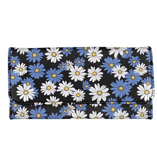 Image of AFPANQZ Dolphin Cherry Blossom Women Wallet Soft Leather Designe, Blue White Daisy Shopping Outdoor Vintage Phone Holder Pockets