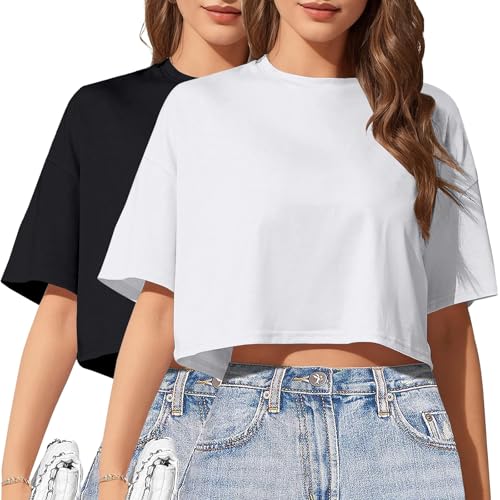 2PC Women's Basic Crop Top Drop Shoulder T Shirt Half Sleeve Cropped Tee Crewneck Short Sleeve Casual Summer Top