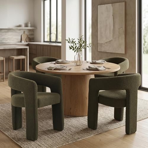 Image of HNY Modern Barrel Kitchen & Dining Room Chairs Set of 4, Sherpa Upholstered Accent Chairs with Arm, 18.5'' Wide Side Armchairs Vanity Chairs for Living Room Bedroom Makeup Small Spaces, Green