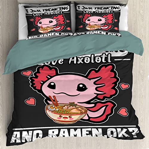 Ottoy Freaking Love Axolotl and Ramen Lightweight Comfortable 3 Pieces Duvet Cover Luxury Soft Bedding Quilt Set with Pillow Shams Full/Queen Size(No Comforter) 104