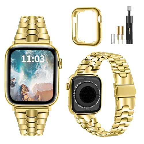 Thin Metal Band Compatible with Apple Watch Band 38mm 40mm 41mm 42mm 44mm 45mm 49mm, Dressy Stainless Steel Chain Strap, Slim Fancy iWatch Band with Case for Women Men