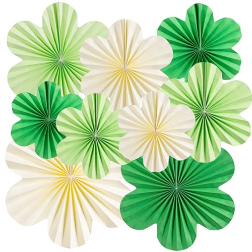 Image of SUNBEAUTY Green Paper Flowers Decorations for Wall, Spring Summer Paper Fans Decor, Classroom Decor Paper Floral Backdrop Paper Flowers Decoration Hanging Paper Fans Green Flower Wall Decor, Set of 9