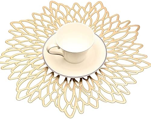 Famibay Gold Placemats Set of 6 Washable Round Vinyl Table Mats for Kitchen Christmas Table Decor