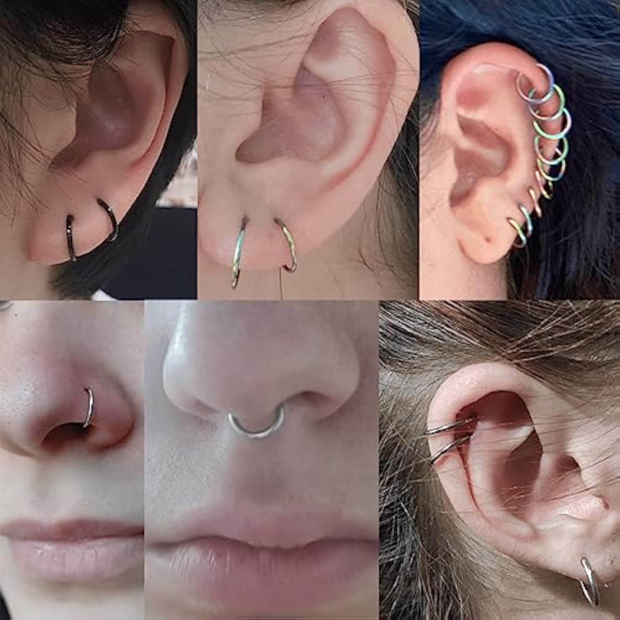 Rainbow Colourful Hinged Nose Rings & Septum Hoop Earrings Set