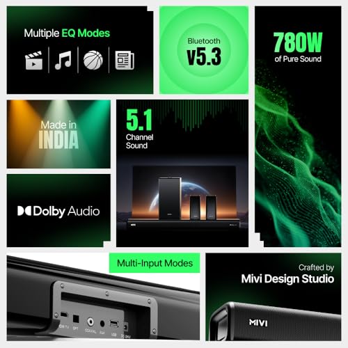 Image of Mivi Superbars Nova 780 Watts Dolby Audio Home Theatre Speaker [New Launch], 5.1 Channel with Big Woofer, 3 Built-in + 2 Satellite Speakers, Multiple EQ, Home Theatre 5.1, Made in India Sound Bar