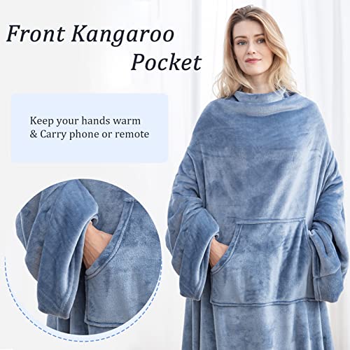 Choshome Wearable Blanket With Sleeves And Foot Pocket For Adult Women Men, Soft Fleece Blanket Fuzzy Tv Blanket Throw Wrap For Bed Sofa Travel Home Office, 71" X 51", Blue #TOP1
