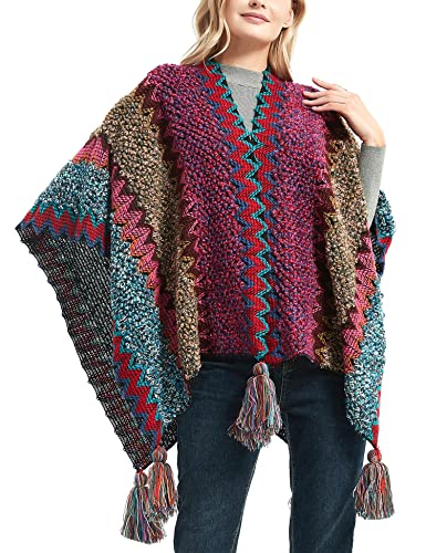 HaoMay Women's Ethnic Open Front Shawl Cape Wool Woven Tassel Poncho4