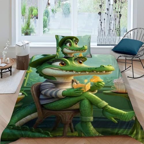 Housse de couette single microfibre anti-plis imprimé 3D crocodile 135x200cm - 3