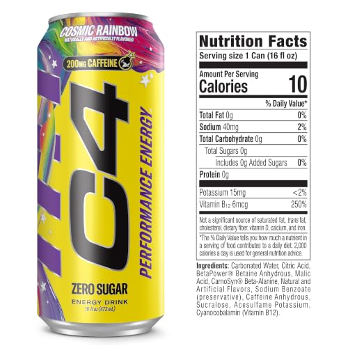 Image of C4 Performance Energy Drink Cosmic Rainbow, Zero Sugar Carbonated Preworkout Energy, 200mg Caffeine with Beta Alanine, 16 Fl Oz (12 Pack), Packaging May Vary